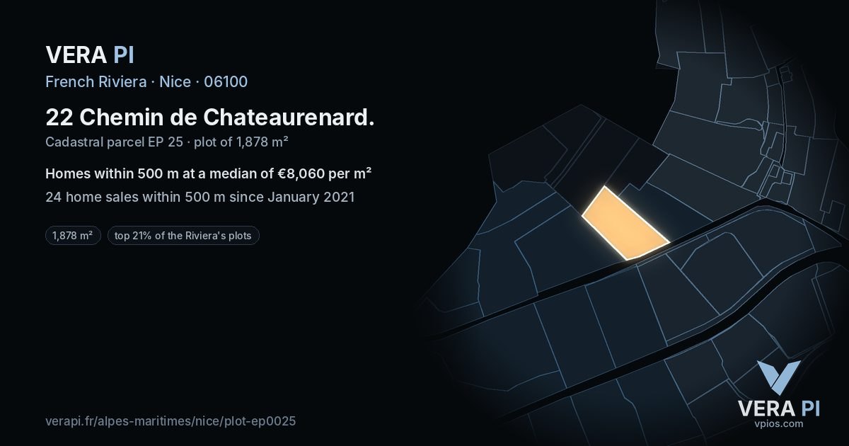 22 Chemin de Chateaurenard, Nice at night – the plot lit, the parcels around coloured by the prices near them