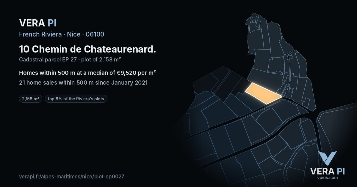 10 Chemin de Chateaurenard, Nice at night – the plot lit, the parcels around coloured by the prices near them