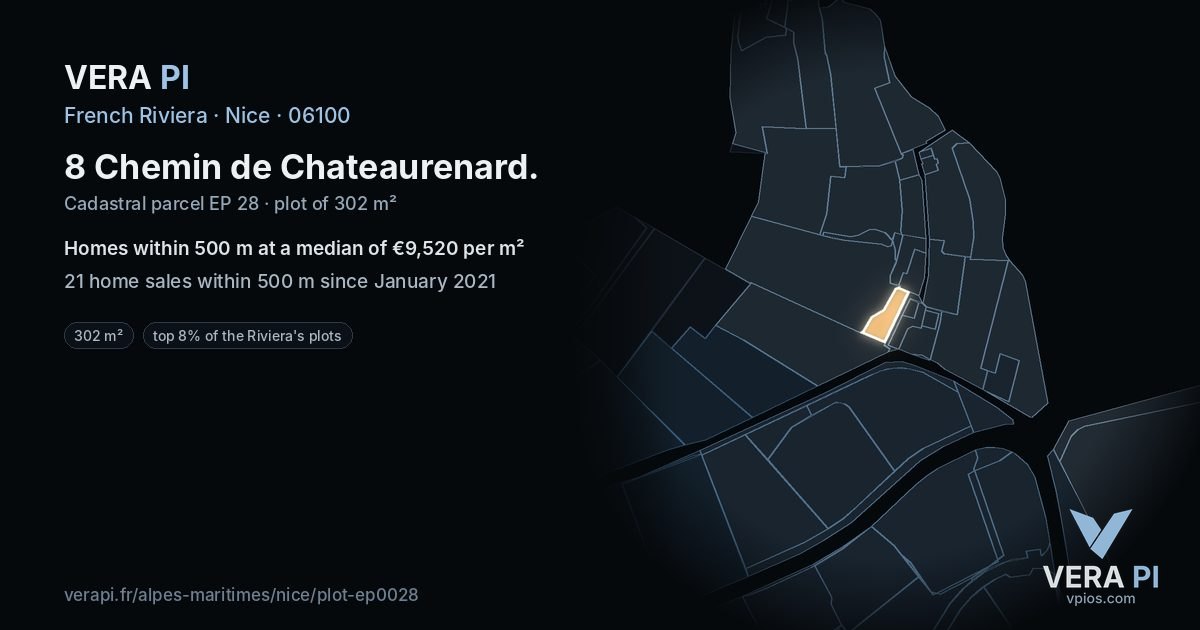 8 Chemin de Chateaurenard, Nice at night – the plot lit, the parcels around coloured by the prices near them