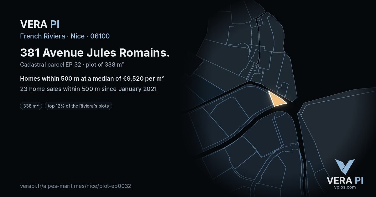 381 Avenue Jules Romains, Nice at night – the plot lit, the parcels around coloured by the prices near them