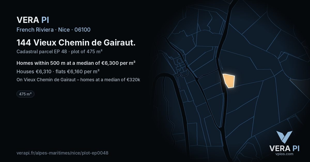 144 Vieux Chemin de Gairaut, Nice at night – the plot lit, the parcels around coloured by the prices near them