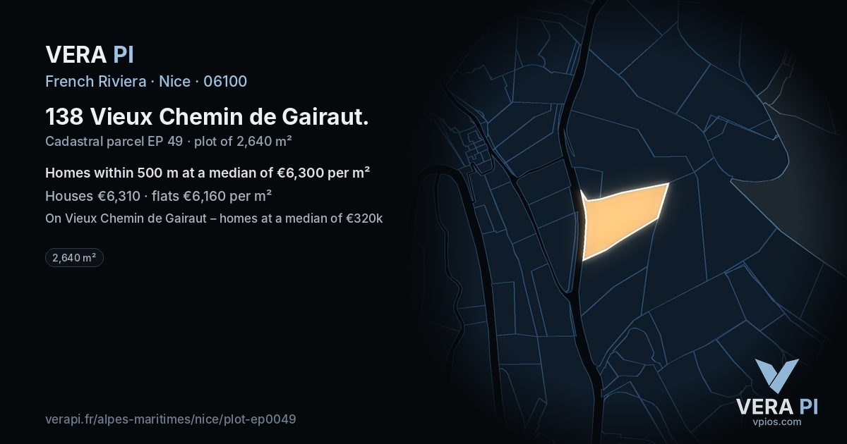 138 Vieux Chemin de Gairaut, Nice at night – the plot lit, the parcels around coloured by the prices near them