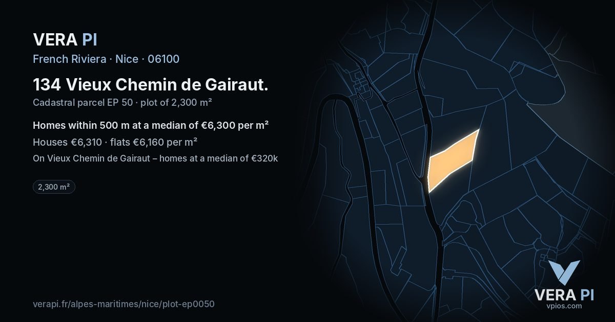 134 Vieux Chemin de Gairaut, Nice at night – the plot lit, the parcels around coloured by the prices near them