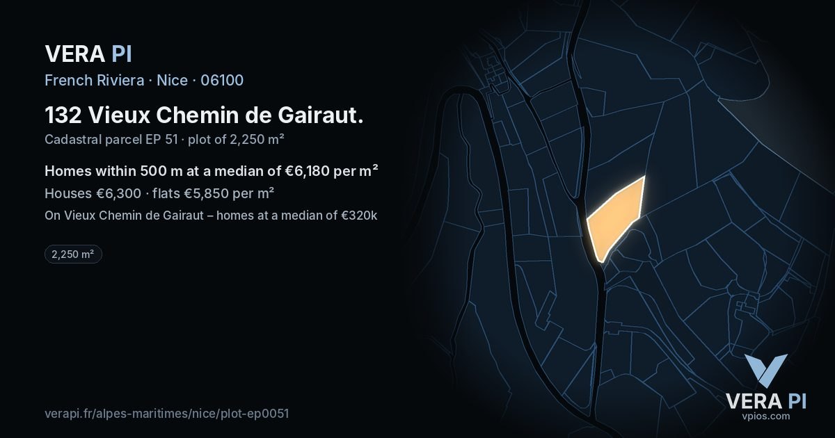 132 Vieux Chemin de Gairaut, Nice at night – the plot lit, the parcels around coloured by the prices near them