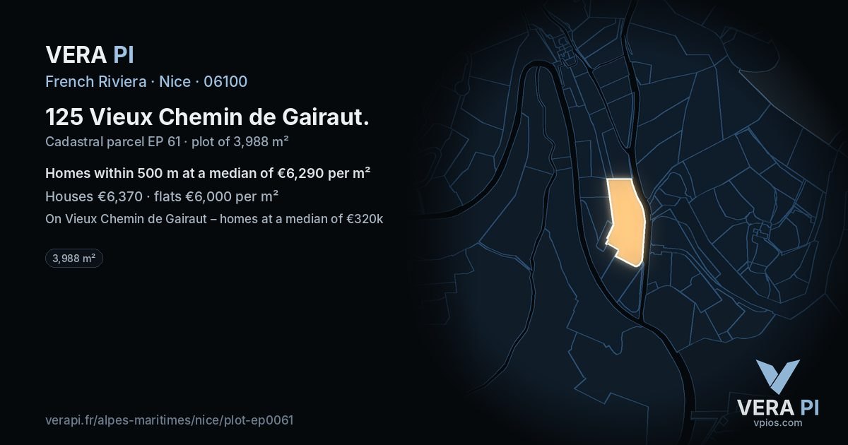 125 Vieux Chemin de Gairaut, Nice at night – the plot lit, the parcels around coloured by the prices near them
