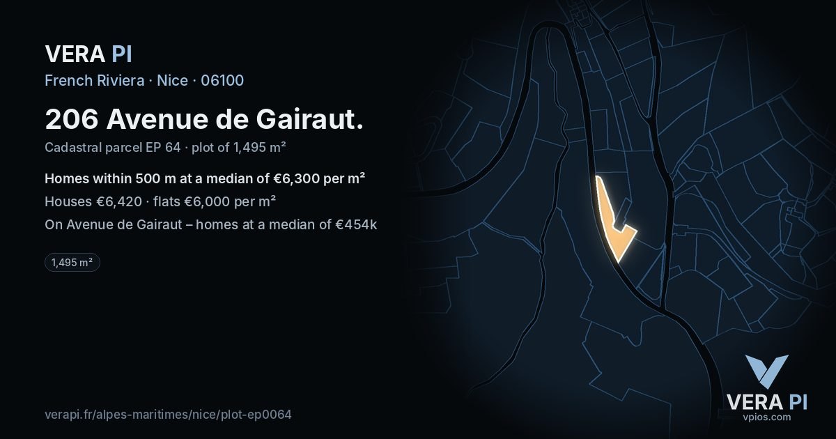 206 Avenue de Gairaut, Nice at night – the plot lit, the parcels around coloured by the prices near them