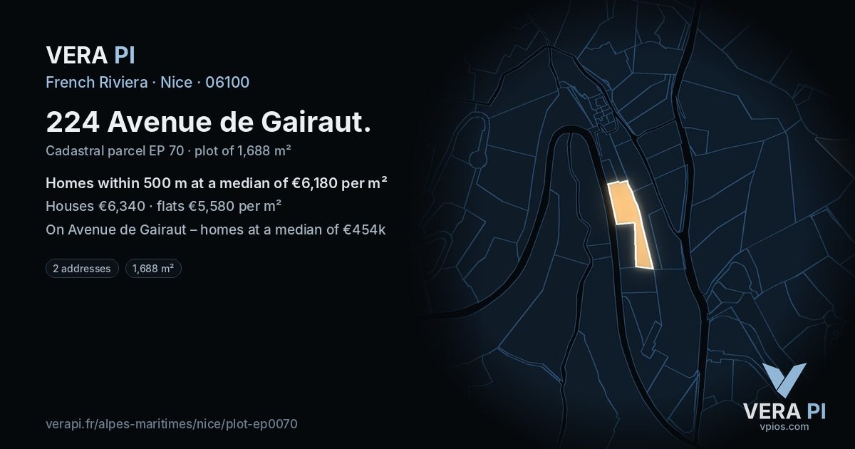 224 Avenue de Gairaut, Nice at night – the plot lit, the parcels around coloured by the prices near them