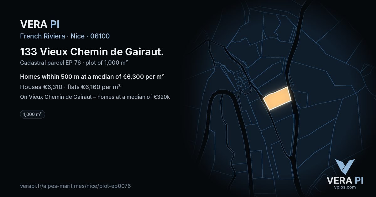 133 Vieux Chemin de Gairaut, Nice at night – the plot lit, the parcels around coloured by the prices near them