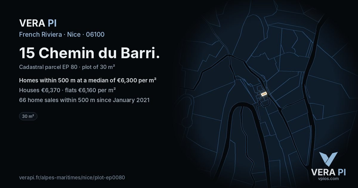 15 Chemin du Barri, Nice at night – the plot lit, the parcels around coloured by the prices near them