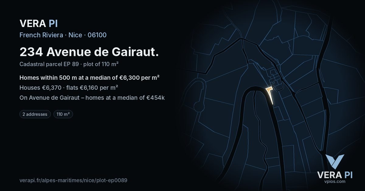234 Avenue de Gairaut, Nice at night – the plot lit, the parcels around coloured by the prices near them