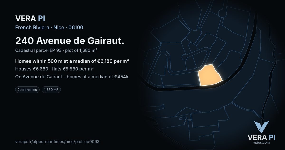 240 Avenue de Gairaut, Nice at night – the plot lit, the parcels around coloured by the prices near them