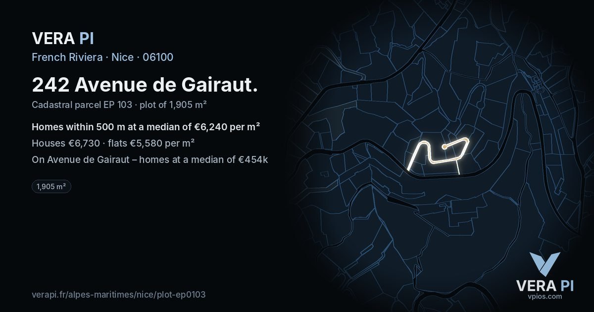 242 Avenue de Gairaut, Nice at night – the plot lit, the parcels around coloured by the prices near them