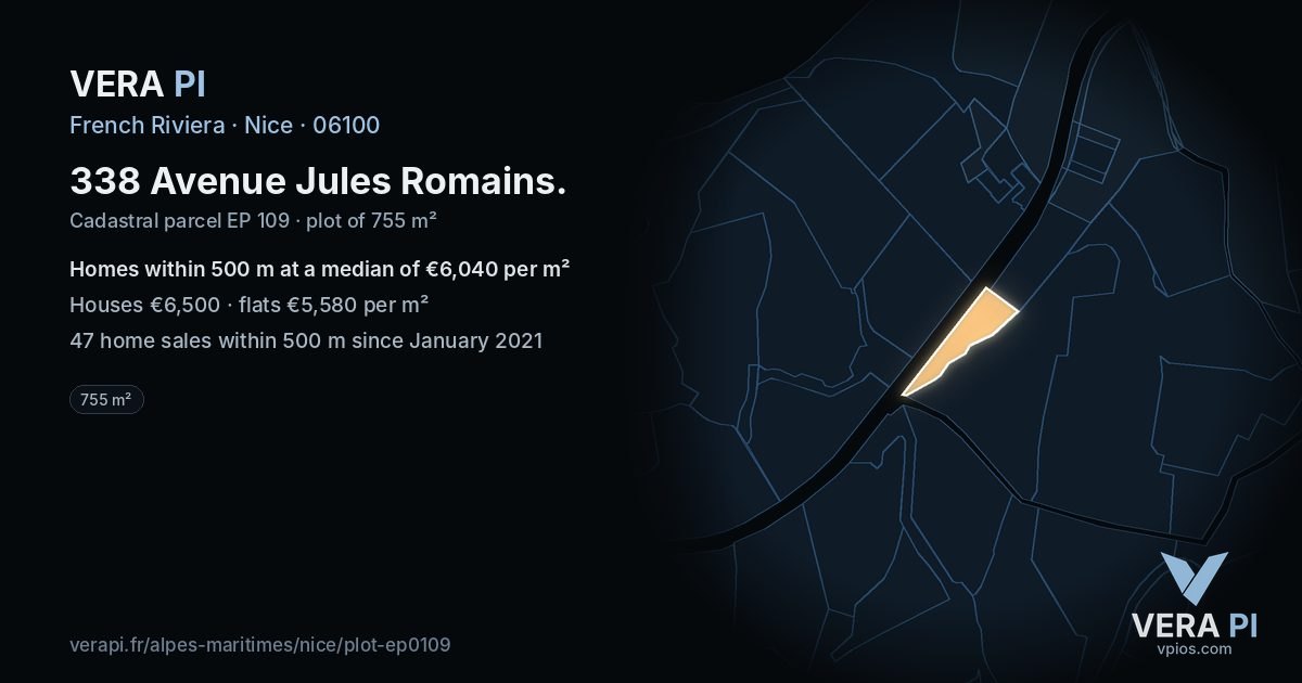 338 Avenue Jules Romains, Nice at night – the plot lit, the parcels around coloured by the prices near them