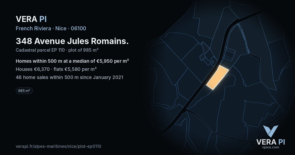 348 Avenue Jules Romains, Nice at night – the plot lit, the parcels around coloured by the prices near them