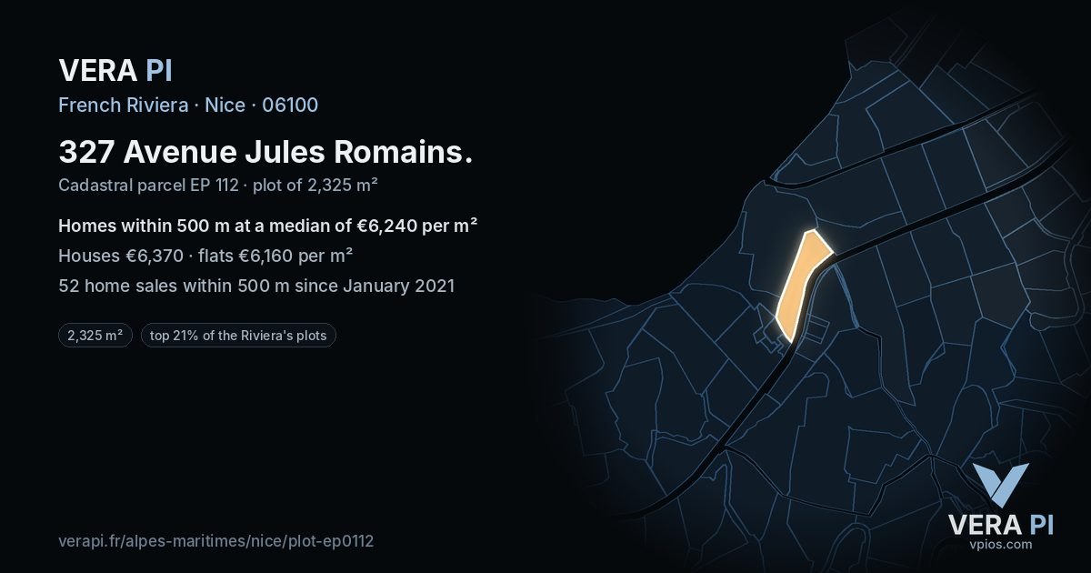 327 Avenue Jules Romains, Nice at night – the plot lit, the parcels around coloured by the prices near them