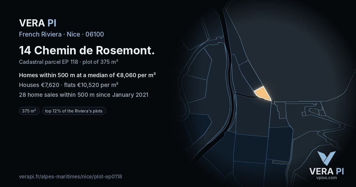 14 Chemin de Rosemont, Nice at night – the plot lit, the parcels around coloured by the prices near them