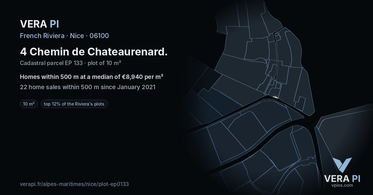 4 Chemin de Chateaurenard, Nice at night – the plot lit, the parcels around coloured by the prices near them