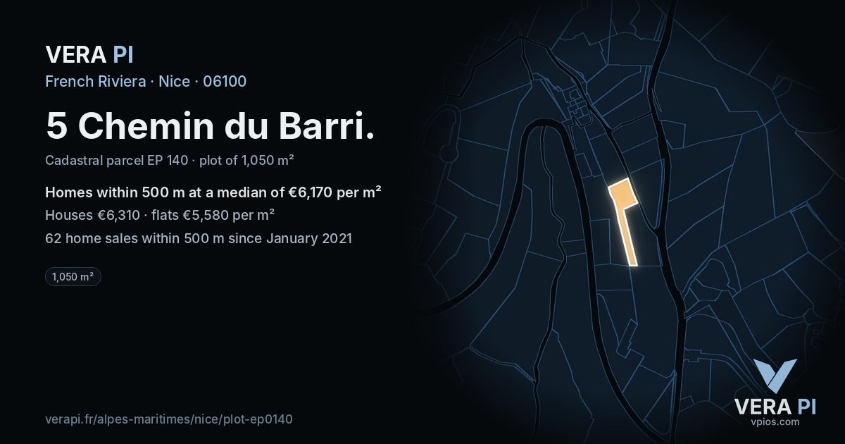 5 Chemin du Barri, Nice at night – the plot lit, the parcels around coloured by the prices near them