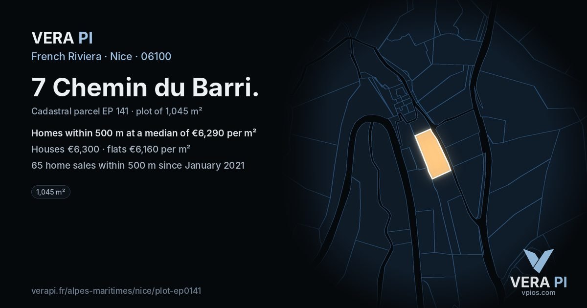 7 Chemin du Barri, Nice at night – the plot lit, the parcels around coloured by the prices near them