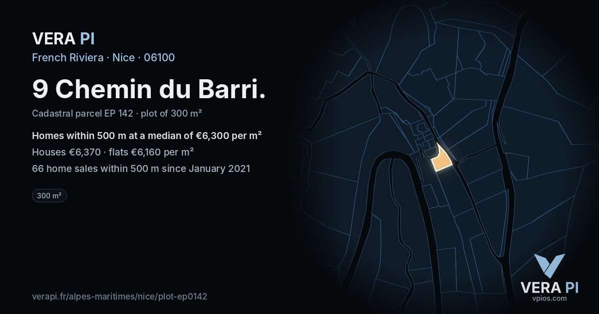 9 Chemin du Barri, Nice at night – the plot lit, the parcels around coloured by the prices near them