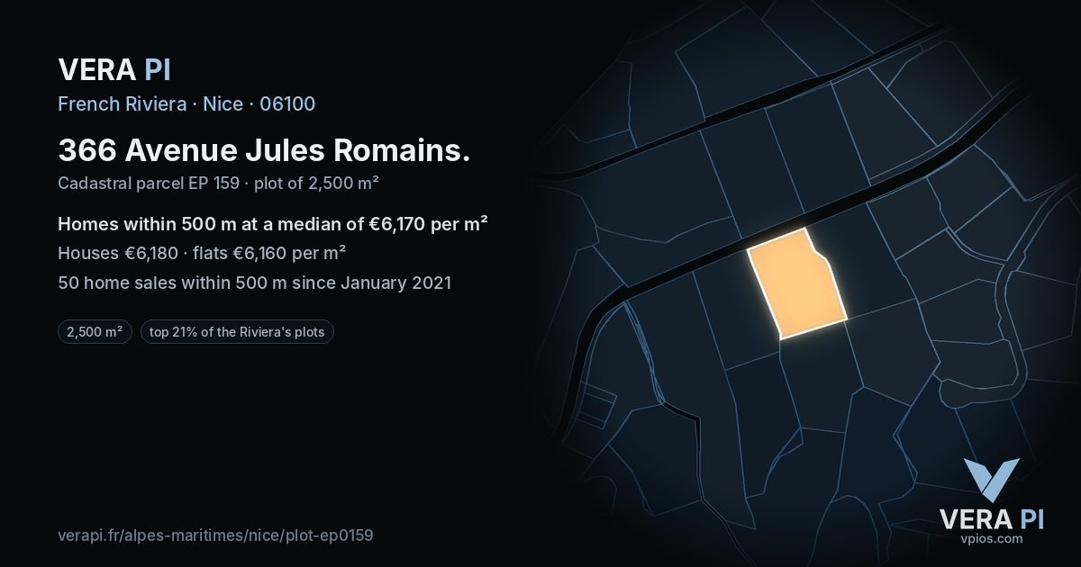 366 Avenue Jules Romains, Nice at night – the plot lit, the parcels around coloured by the prices near them