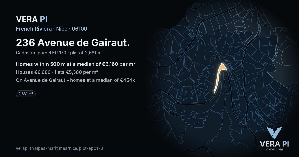 236 Avenue de Gairaut, Nice at night – the plot lit, the parcels around coloured by the prices near them