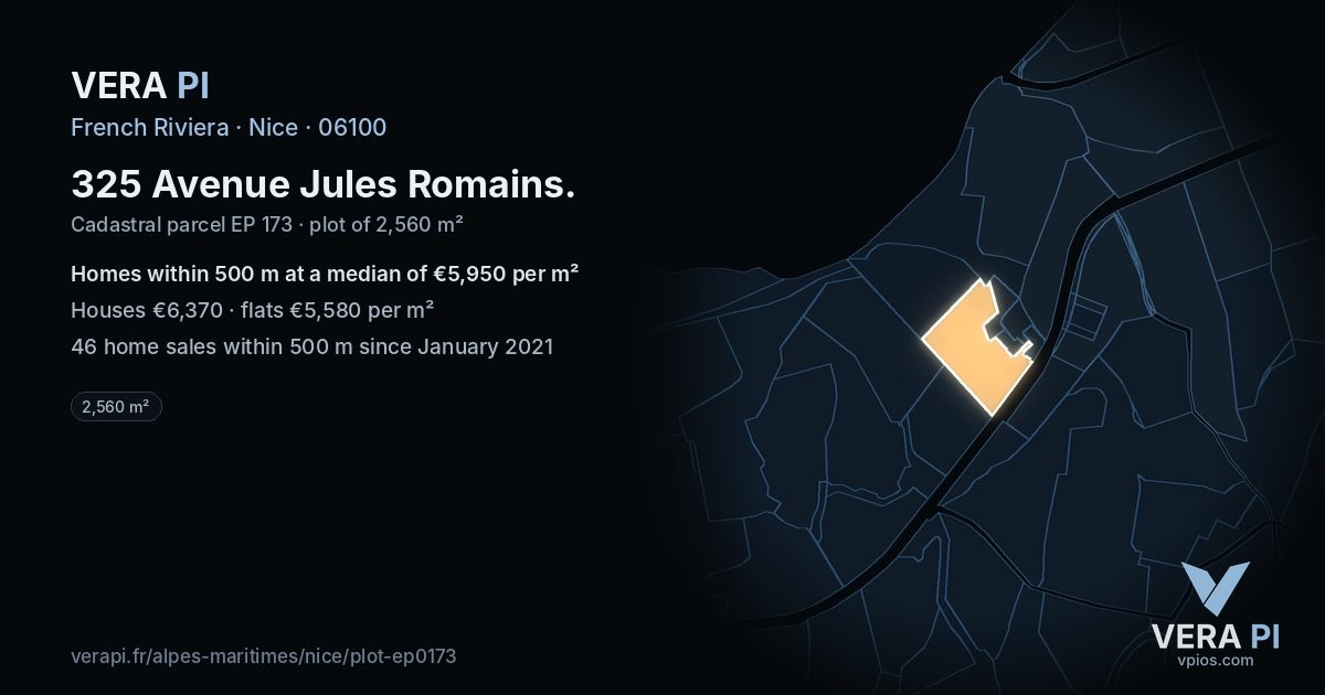 325 Avenue Jules Romains, Nice at night – the plot lit, the parcels around coloured by the prices near them