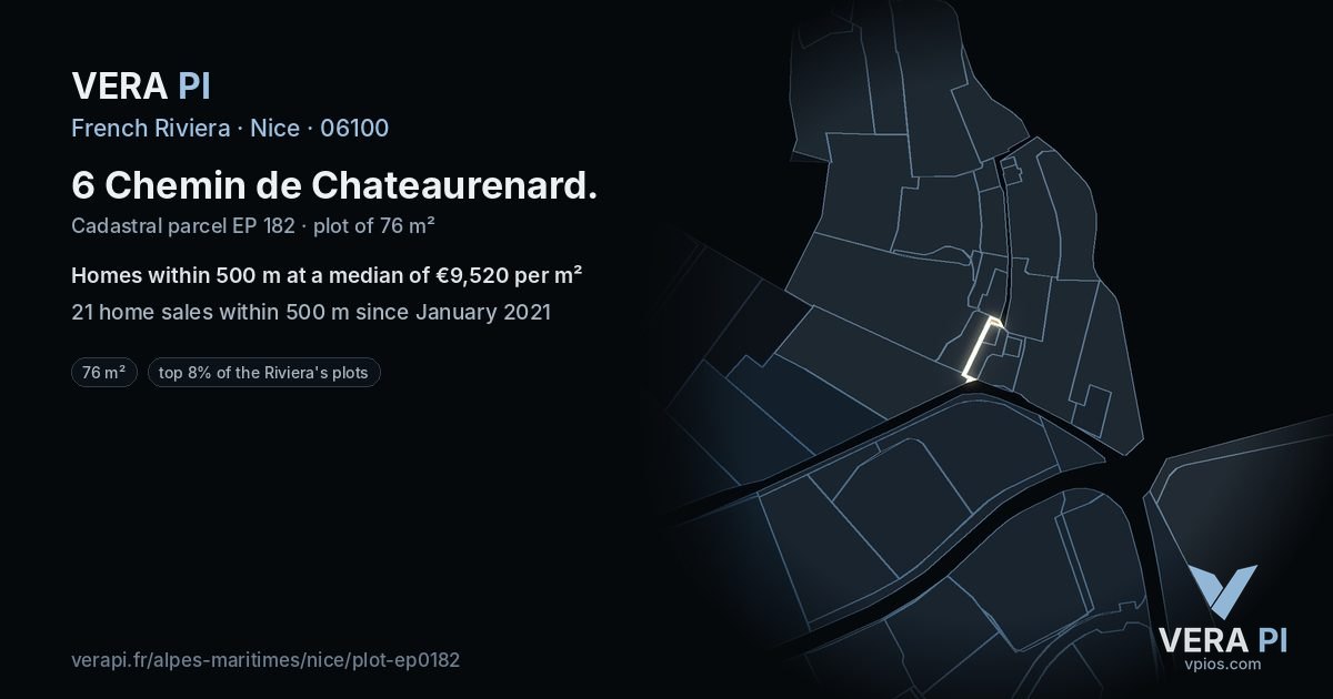 6 Chemin de Chateaurenard, Nice at night – the plot lit, the parcels around coloured by the prices near them