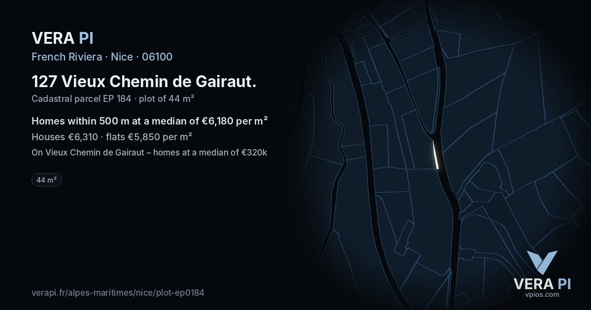 127 Vieux Chemin de Gairaut, Nice at night – the plot lit, the parcels around coloured by the prices near them