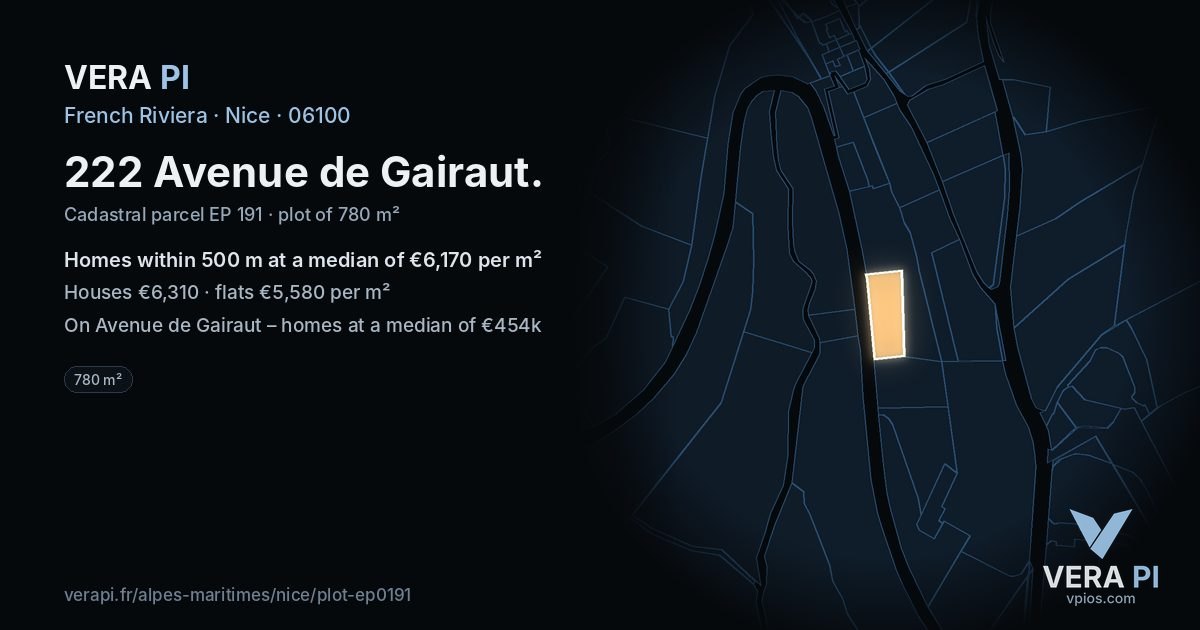 222 Avenue de Gairaut, Nice at night – the plot lit, the parcels around coloured by the prices near them