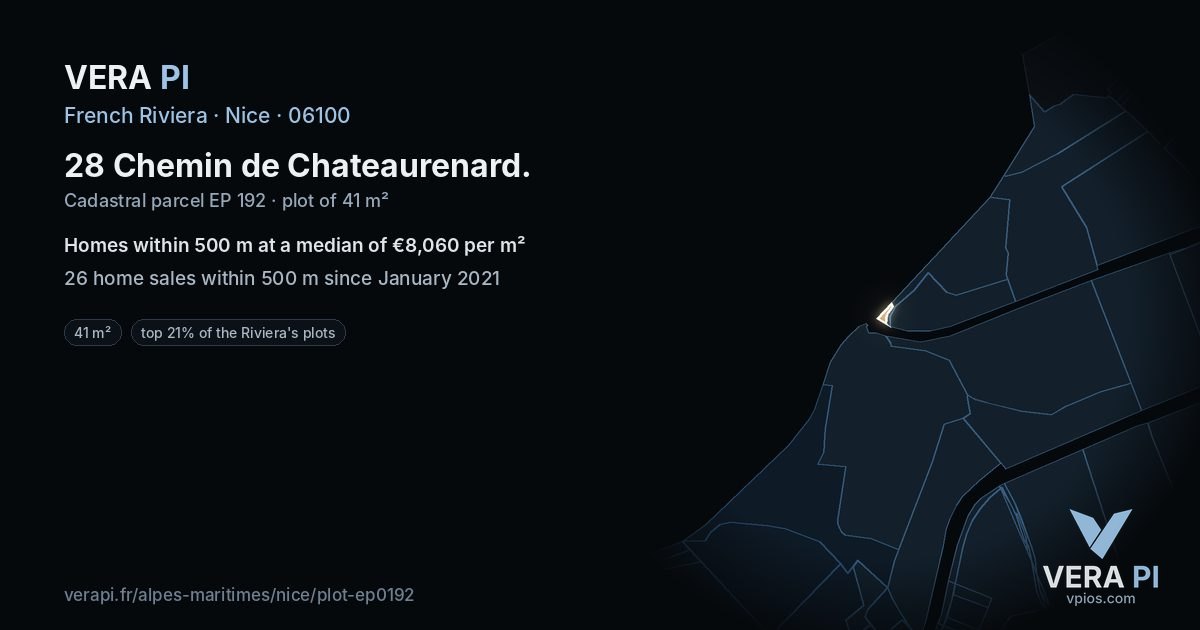 28 Chemin de Chateaurenard, Nice at night – the plot lit, the parcels around coloured by the prices near them