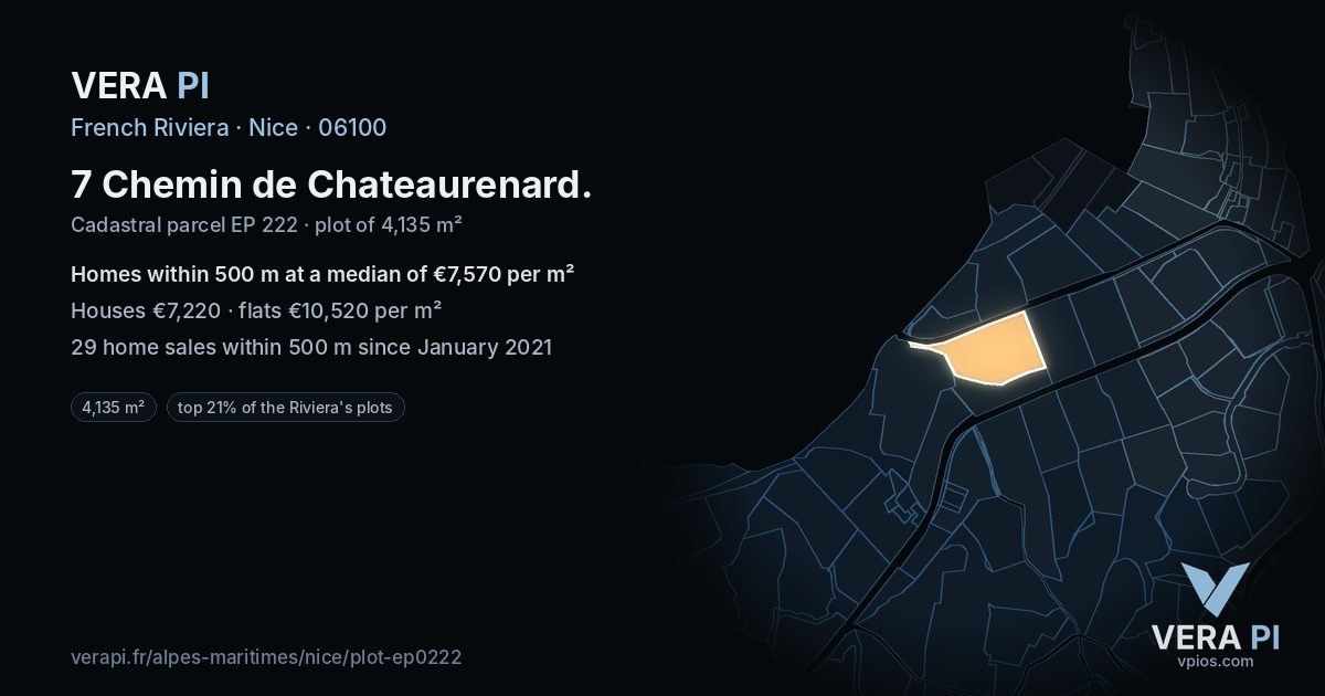 7 Chemin de Chateaurenard, Nice at night – the plot lit, the parcels around coloured by the prices near them
