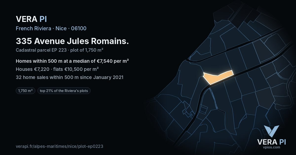 335 Avenue Jules Romains, Nice at night – the plot lit, the parcels around coloured by the prices near them