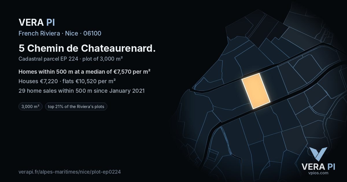 5 Chemin de Chateaurenard, Nice at night – the plot lit, the parcels around coloured by the prices near them
