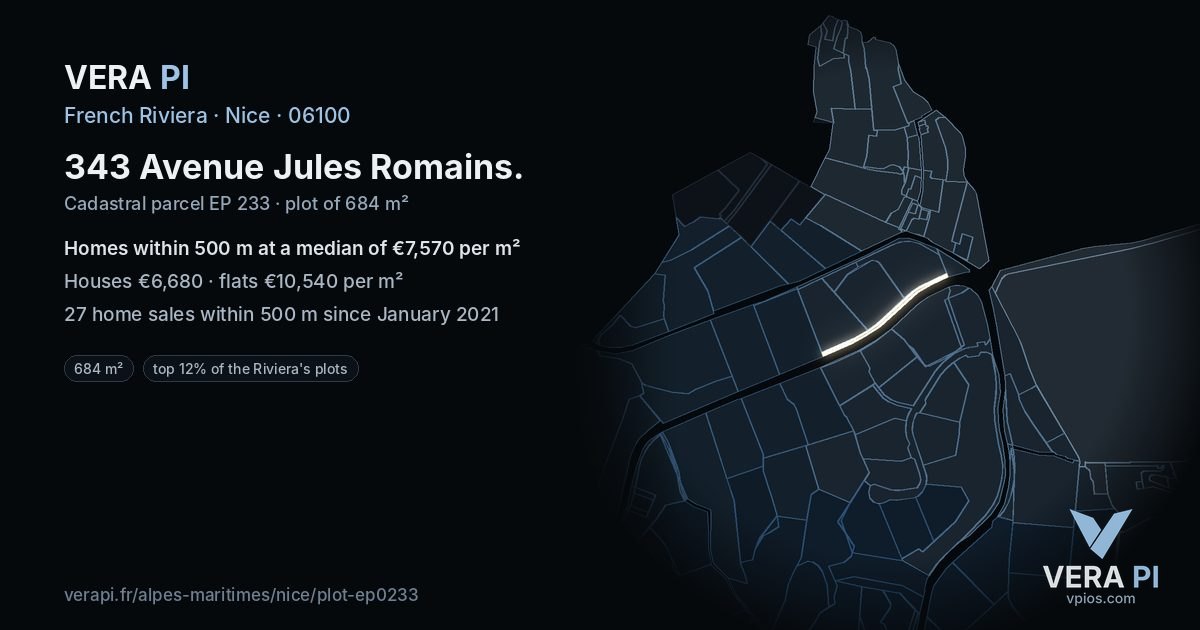 343 Avenue Jules Romains, Nice at night – the plot lit, the parcels around coloured by the prices near them