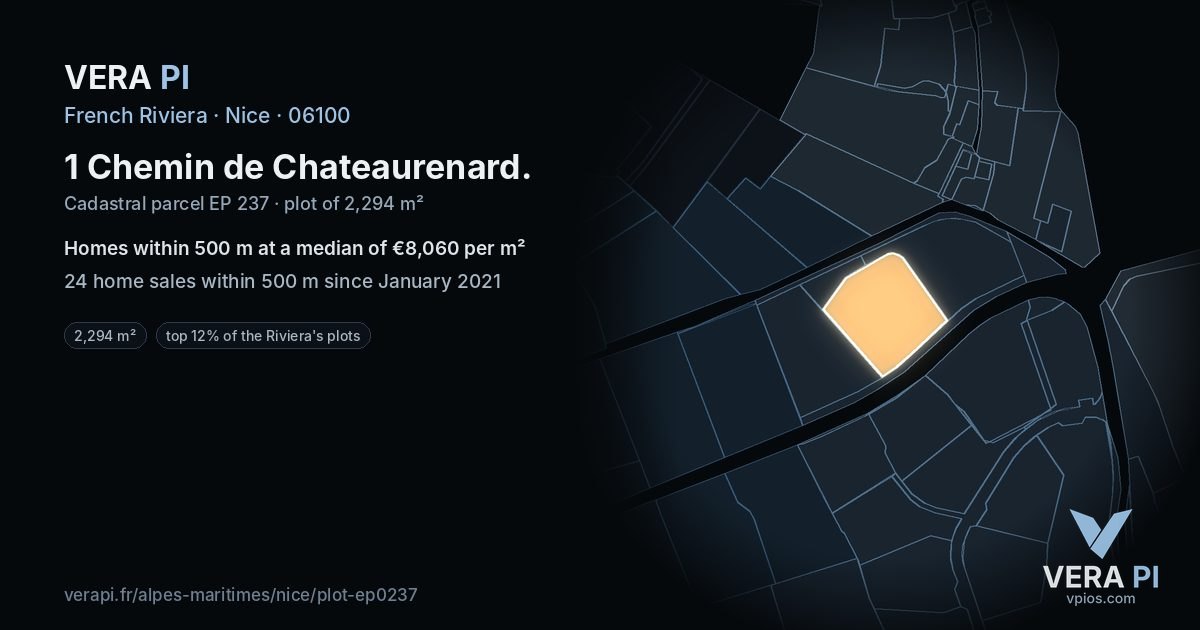 1 Chemin de Chateaurenard, Nice at night – the plot lit, the parcels around coloured by the prices near them