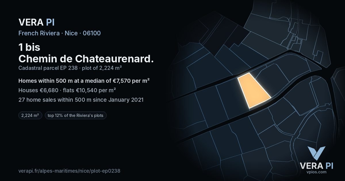 1 bis Chemin de Chateaurenard, Nice at night – the plot lit, the parcels around coloured by the prices near them