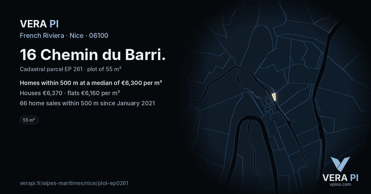 16 Chemin du Barri, Nice at night – the plot lit, the parcels around coloured by the prices near them