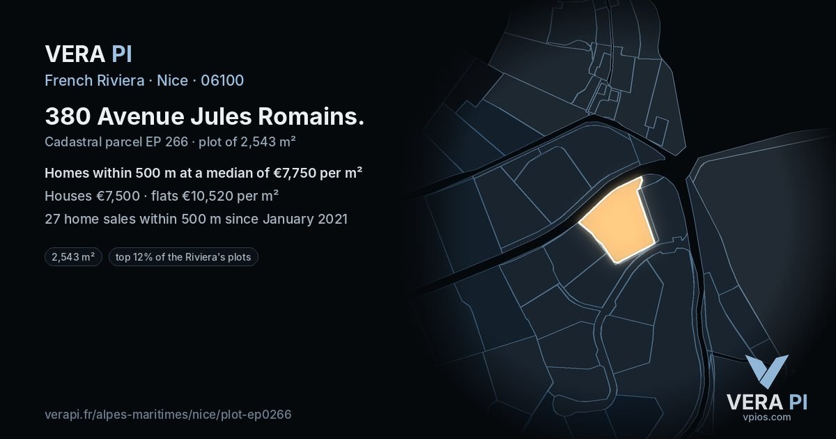 380 Avenue Jules Romains, Nice at night – the plot lit, the parcels around coloured by the prices near them