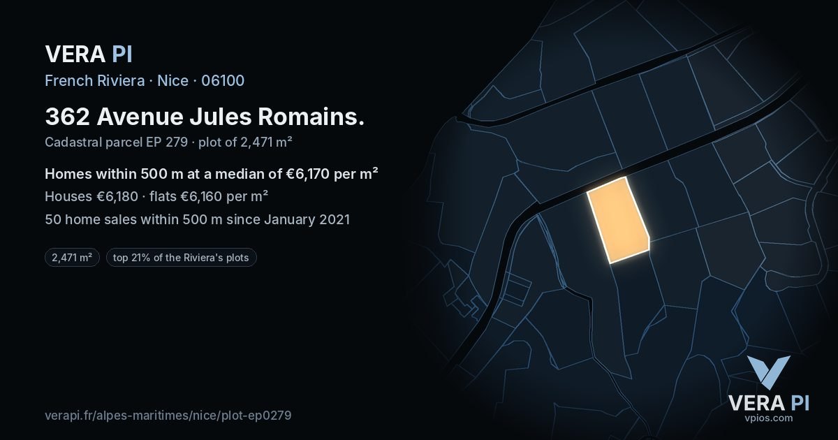 362 Avenue Jules Romains, Nice at night – the plot lit, the parcels around coloured by the prices near them