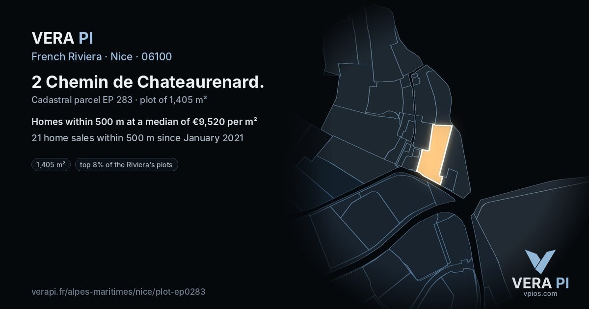 2 Chemin de Chateaurenard, Nice at night – the plot lit, the parcels around coloured by the prices near them