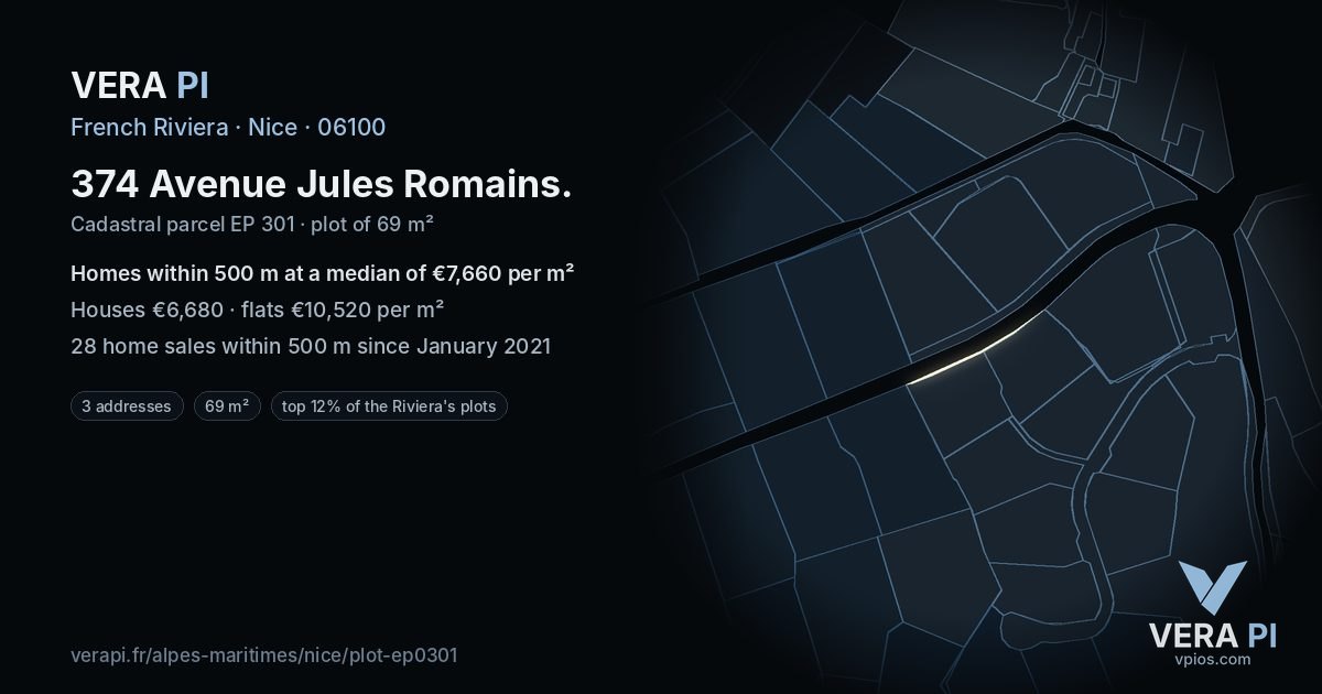 374 Avenue Jules Romains, Nice at night – the plot lit, the parcels around coloured by the prices near them