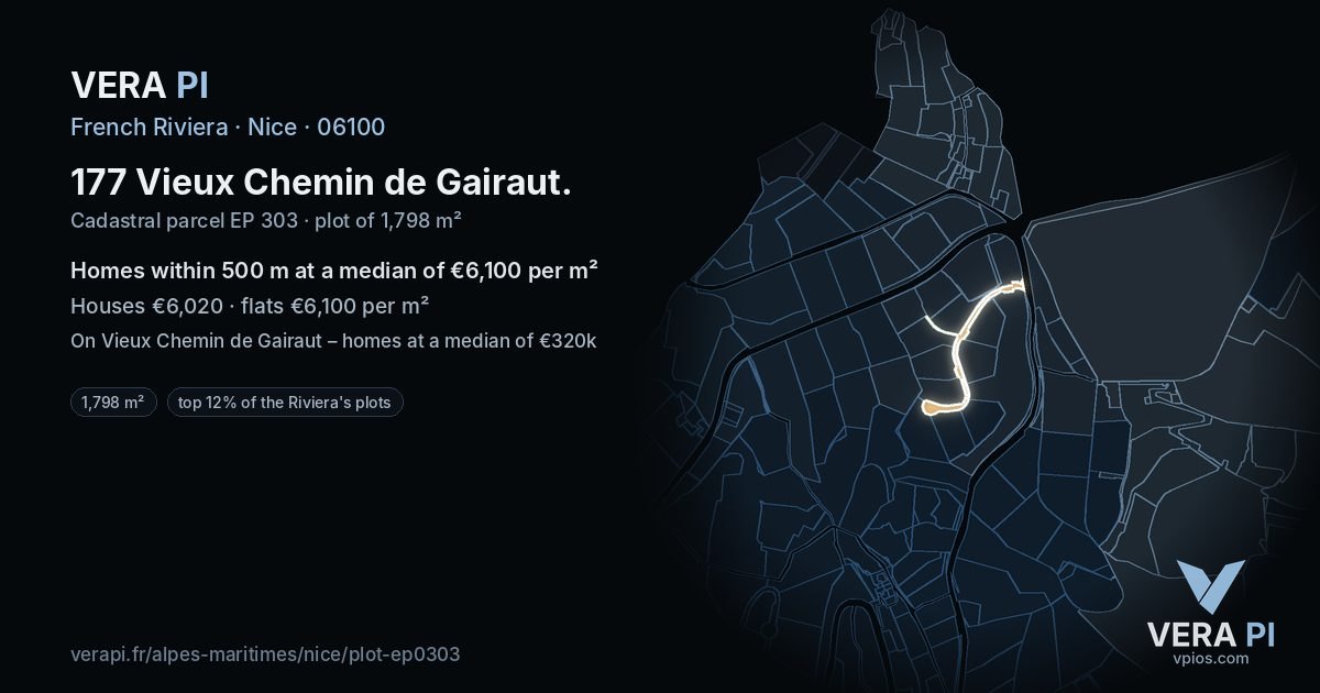 177 Vieux Chemin de Gairaut, Nice at night – the plot lit, the parcels around coloured by the prices near them