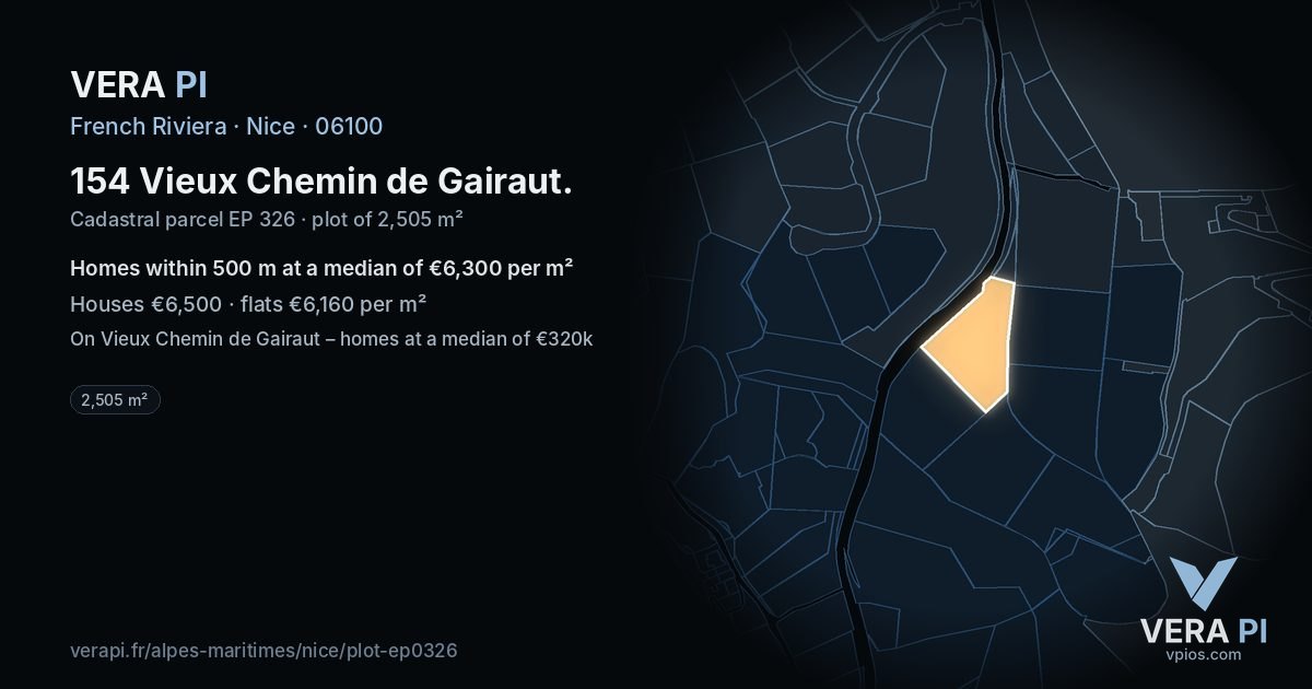 154 Vieux Chemin de Gairaut, Nice at night – the plot lit, the parcels around coloured by the prices near them