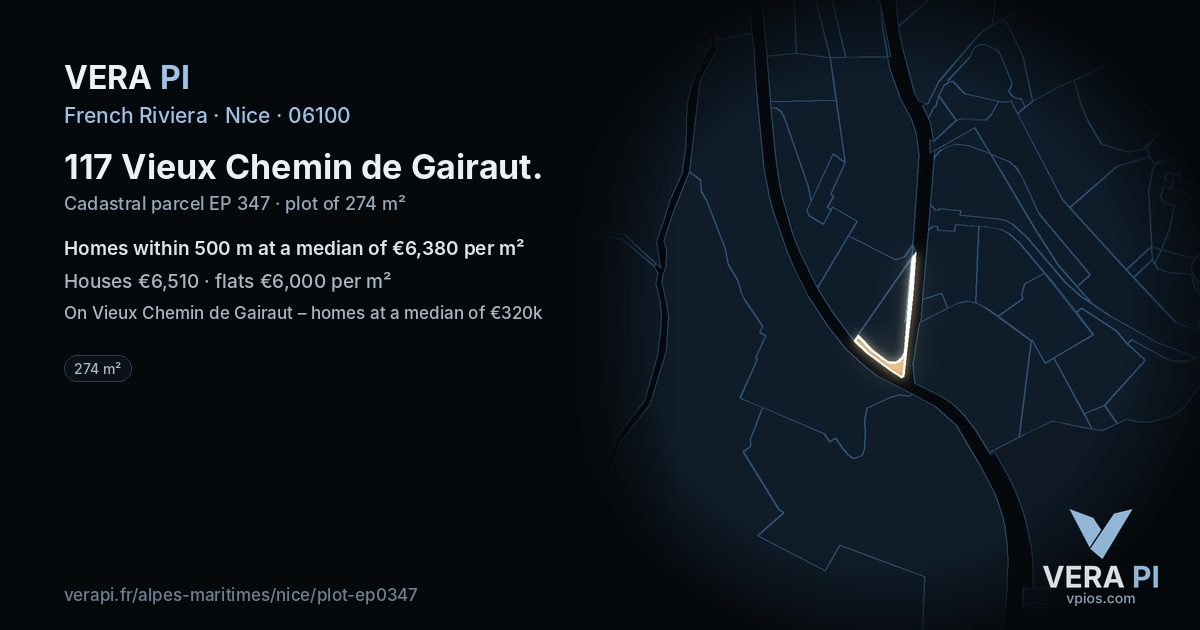 117 Vieux Chemin de Gairaut, Nice at night – the plot lit, the parcels around coloured by the prices near them