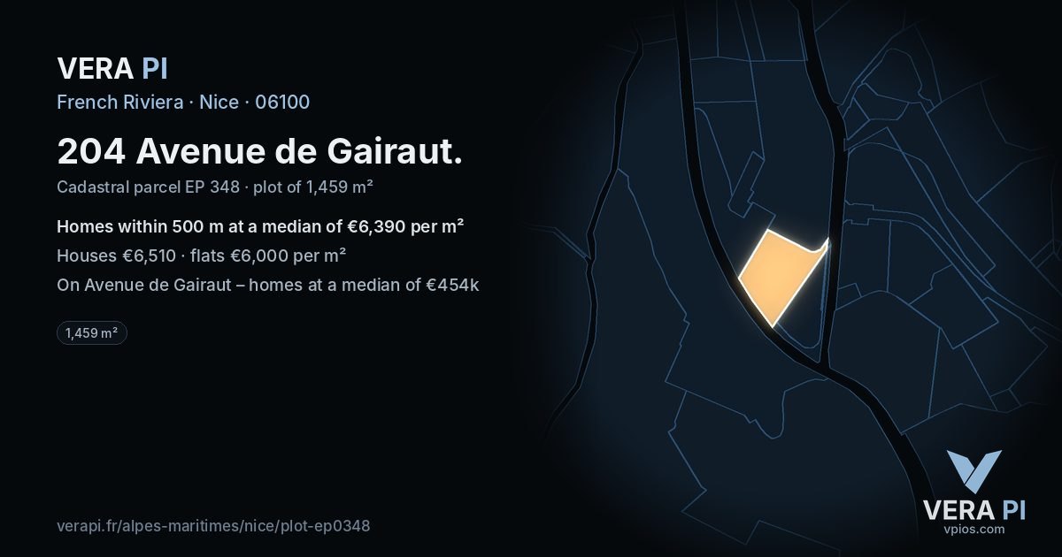 204 Avenue de Gairaut, Nice at night – the plot lit, the parcels around coloured by the prices near them