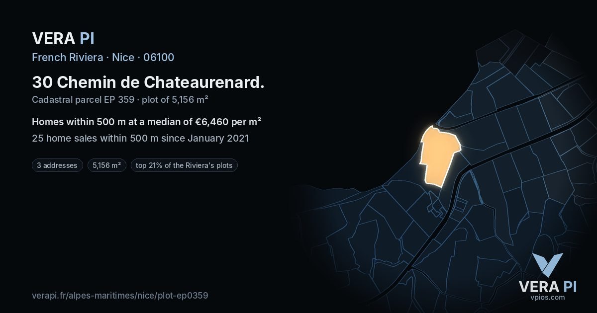 30 Chemin de Chateaurenard, Nice at night – the plot lit, the parcels around coloured by the prices near them