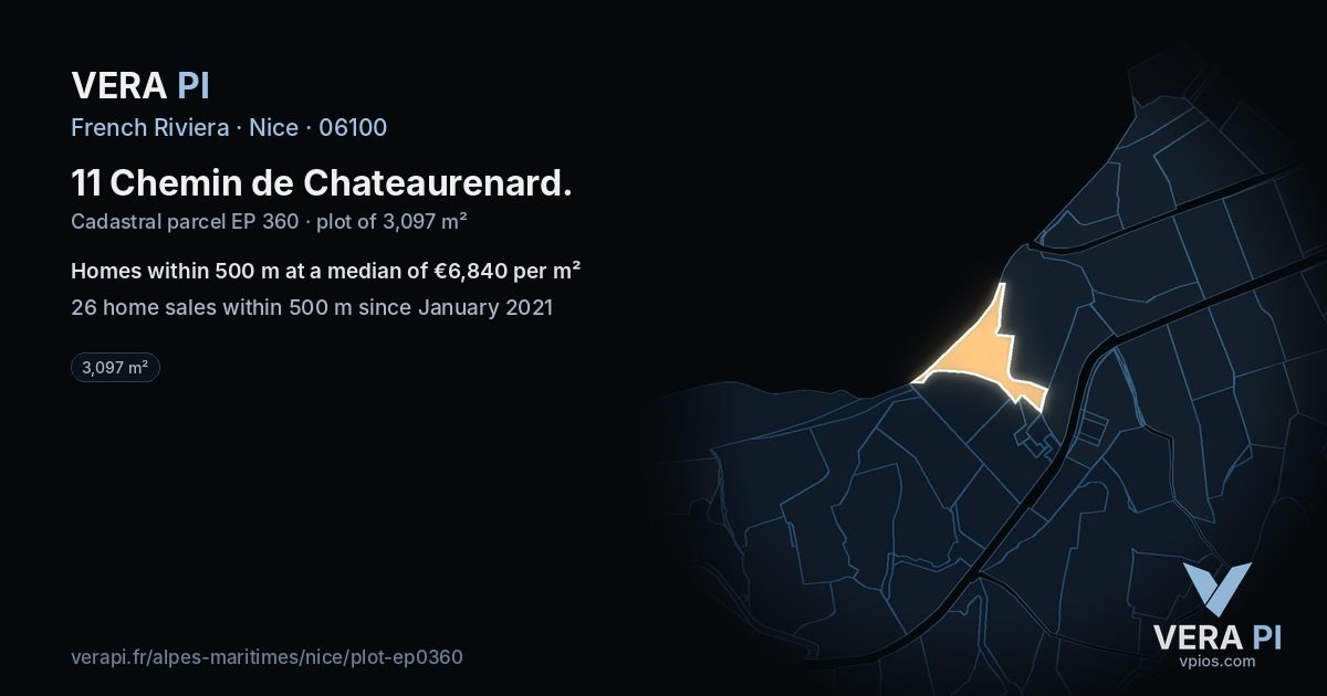 11 Chemin de Chateaurenard, Nice at night – the plot lit, the parcels around coloured by the prices near them