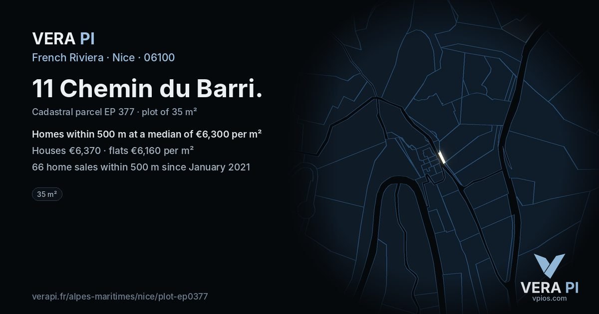 11 Chemin du Barri, Nice at night – the plot lit, the parcels around coloured by the prices near them