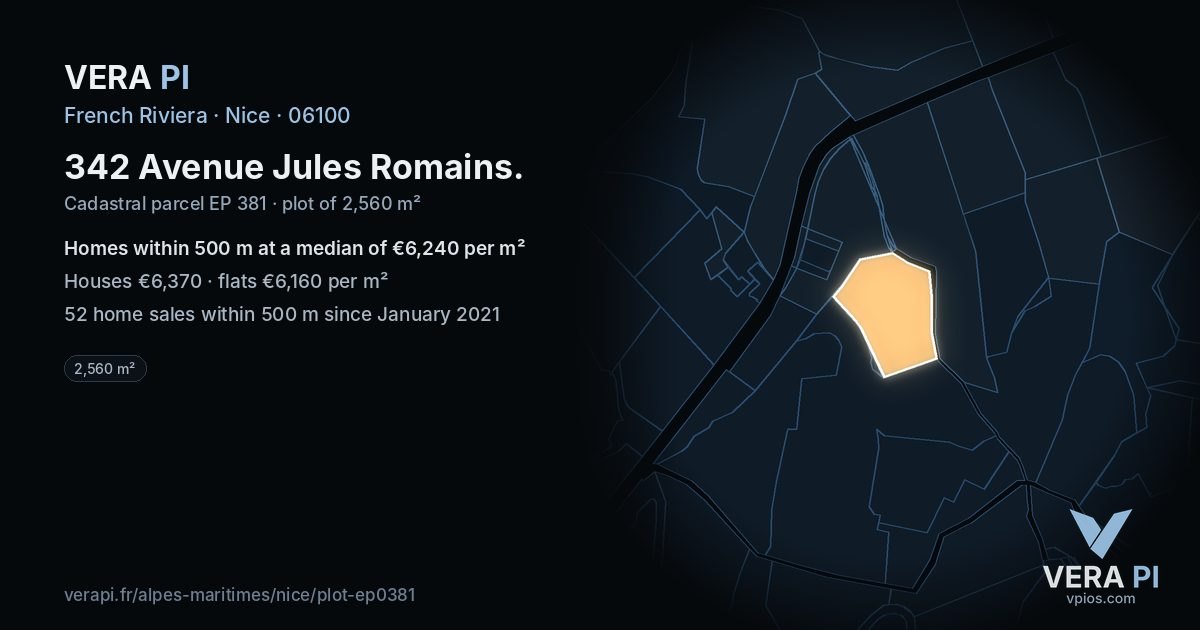 342 Avenue Jules Romains, Nice at night – the plot lit, the parcels around coloured by the prices near them